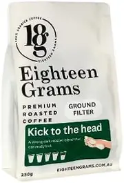 18 Grams Kick to the Head – Ground Filter, Dark Roast – Bold, Nutty Coffee Blend for Intense Flavor – Melbourne Roasted Premium Beans, 250g
