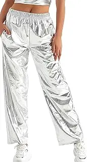 [FEOYA] Women's Shiny Metallic Rave Pants Elastic High Waist Wide Leg Trousers Hip Hop Disco Jogger Sweatpants Clubwear