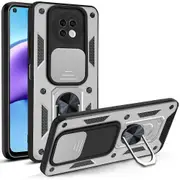 case For Xiaomi Redmi Note 9T 5G Slide Camera Lens Protection and Built in 360 Rotatable Ring Holder - Silver