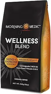 Morning Medic Medium Roast Wellness Coffee with Ashwagandha, MCT Oil, Maca Root, Vitamins B6, B12, D, and Cinnamon, Ground, 12 oz (340g) Bag