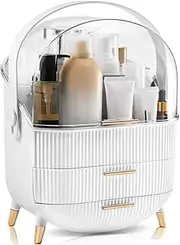 3 Tier Makeup Storage Box, Makeup Organizers, Egg Shape Makeup Storage Box, Makeup Storage Organizer with Lid, Handle and Drawers, Cosmetics Storage Display Case for Dorm, Bathroom (White)