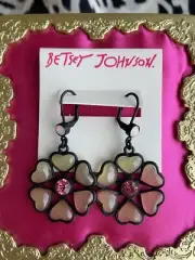 Betsey Johnson Memoirs Of Betsey Pink Asian Flower Blossom Lucite Heart Earrings