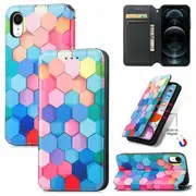 CaseNeo For Apple iPhone XR Leather Wallet Flip Case With RFID Blocking Credit Card Holder Slots Cover - Colored Squares