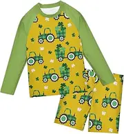 [GuoChe] Baby Boys Rash Guard Sets Green Checkered Tractor Toddler Long Sleeve 2 Piece Swimsuit UV Sun Protection (3T-10)