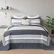 FineStichery 100% Cotton Oversized Quilt Bedspread Coverlet, King Bedspreads 120"x120" with Pillow Shams, Lightweight Soft Striped Quilted Bedding Set, All Seasons, Blue/Gray