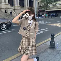 在飛比找樂天市場購物網優惠-韓式校服jk制服女夏學院風套裝高中生班服英倫風格子百褶裙短袖