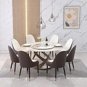 WZZHHJ 59-inch Modern Slate Round Dining Table Set, with 31.5-inch Turntable and 8 Comfortable Dining Chairs, Metal Base for Stable Support, Suitable for Family and Party use