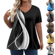 Womens Plus Size Tunic Tops Summer Short Sleeve V Neck Loose Casual Tee Shirt
