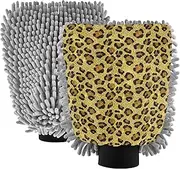 Washing Mitts Car Wash Absorbent Chenille Microfiber Golden Leopard Spots Brown Mitts Car Cleaning Tools Scrub Pad Soft Scratch Free, Medium x 2 Pack