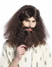 Wig & Beard Set Carnival Halloween Long Curly Braun Guru Hippie Hipster Wig