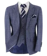 Boys Blue Tweed Check Formal Suit 3 Piece Suit Set