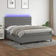 Queen Size Bed Frame with LED, Mattress and Topper Included, Dark Grey Fabric, 153x203 cm, Platform, Wood, Box Spring, Low Profile, Headboard Bedframe, Slats, Furniture