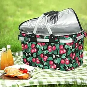 Alfresco Picnic Basket Bag, Insulated Collapsible Outdoor Food Storage Baskets Bags Cooler Hamper Camping Travel Hiking Beach Picnics, with Zippered Side Pocket Lightweight Aluminium Red Green