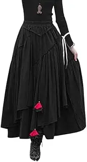 [IDEALSANXUN] Womens Elastic Waist Aline Cotton Lined Retro Maxi Hem Pleated Long Skirts
