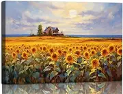 Sunflower Wall Art Painting for Living Room Yellow Rustic Flower Canvas Pictures Decor fow Wall Monet Style Farmhouse Floral Print on Canvas Vintage Farm House Artwork for Bedroom Kitchen Office Home
