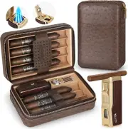 Cigar Humidor Box, Cigar Lighter Cedar Wood Lined Leather Cigar Case Built in Hy