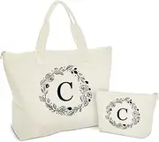 [Binggemen] Personalized Initial Canvas Tote Bag with Zipper, Present Bag with Inner Pocket & Make Up Bag, Great Gifts for Women