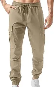 [Generic] Men's Elastic Waist Tapered Cargo Pants Solid Casual Comfort Joggers Trousers Drawstring Stylish Work Sweatpants