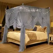 4 Corners Post Mosquito Net for Bed, Luxury Cozy Drapes Square 4-Openings Canopy with Star Lights Bedroom Ceiling Curtains Bed Drapes for Twin/Queen/King Size Bed (Grey, Full/Queen- 59"W*78"L*82"*H)