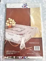 Vintage Elizabeth Albert Vinyl Table Cloth Square 54 x 54 Floral Lace #5454 HTF