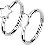 ALACLO 2Pcs Star Moon Nose Rings Hoop, 16g 18g 20g 316L Surgical Steel Cartilage Hoop Earrings for Women Men, Labret Lip Tragus Helix Daith Piercing Jewelry