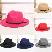 Women Crushable Wool Felt Outback Hat Casual Panama Hat Wide Brim with Belts