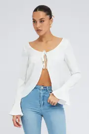 White Tie Front Top Long Sleeve Scoop Neck Satin - Size 16, Women's Top
