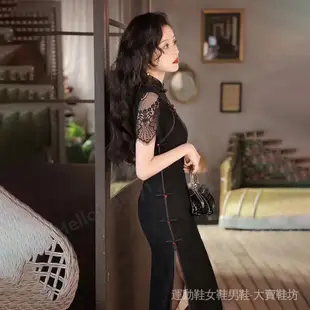 黑色改良旗袍 2023 秋季性感中國傳統旗袍漢服套裝晚禮服加大碼女裝 DKDT