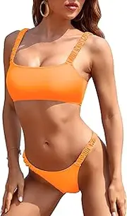 [Jolefille] Thong Bikini Sets for Women Two Piece Swimsuit Brazilian High Cut Bathing Suits Push Up Top Micro Bikinis, Orange, Small