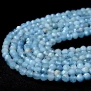 Natural 3-4MM A++ Aquamarine Round Micro Faceted Gemstone Craft Making Beads 12"
