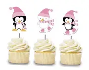 Pink Penguin Cupcake Toppers 12 PCS, Ice Skating Cake Picks for Girls, Winter