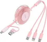 3-in-1 Retractable Multi Charging Cable, 100W Fast Charging USB-C/A to Lightning/USB-C/Micro USB Phone Charger Cord for iPhone 16/15, Samsung, MacBook, iPad (1, Pink)