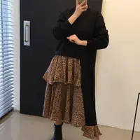在飛比找momo購物網優惠-【BBHONEY】韓國復古 假兩件大學T拼接豹紋連身裙(網美