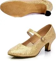 [HOBTEC] Women’s Ballroom Latin Dance Shoes, Glitter Leather Closed Toe Heels Shoes Cowhide Sole for Indoors