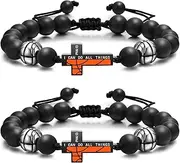 2 Pcs Basketball Cross Bracelet, I Can do All Things Adjustable Black Agate Beads Bracelet Birthday Graduation Christian Gift for Adult Sports Player, Men, Adult Size, Metal, no gemstone