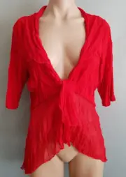 BNWT Womens Sz 16 Eversun Red Crinkle Tie Front Short Sleeve Cardi Style Top