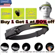 COB LED Headlamp Light USB Rechargeable Waterproof Sensor Head Torch Flashlight