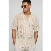 Mens Ecru Oversized Revere Zig Zag Open Weave Panel Shirt