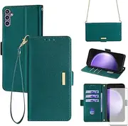 [Asuwish] Phone Case for Samsung Galaxy S23 FE 5G Wallet Cover with Tempered Glass Screen Protector and RFID Blocking Wrist Strap Flip Credit Card Holder Slot Stand Cell S 23 EF S23FE 23S Women Green