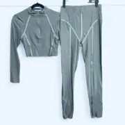 Cherry Mellow 2pc Jacket & Leggings Set Sz Large Gray 1/2 Zip Mock Neck Crop Top