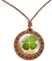 [Caiyao] St.Patrick Day Dried Leaves Lucky 4-Leaf Clover Necklace Glass Locket Geometry Pendant Necklace Waterproof Wax Rope Glow in the dark illumination couple 2pc