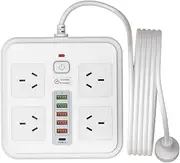 Powerboard USB, 10IN1 Power Strip USB C, 2Meter Power Extension Cord with 2-USBC & 4-USB, Power Board Surge Protector with 4-Outlets, Wall Mountable, for Home Office