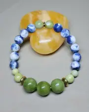 Peridot Quartz Bracelet With Blue White Sodalite Stretch Gem Beaded 6.75"