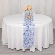 White 12x108 in Satin TABLE RUNNER Blue Floral Design Party Events Decorations