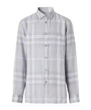 button-down collar check linen shirt L White