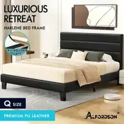 ALFORDSON Bed Frame Queen Size Upholstered Platform Black Leather HARLENE