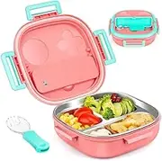 Justivana Leak-Proof 3-Compartment Lunch Box with Cutlery Stainless Steel Kid Bento Box for Kids Ages 1 to 3 Pink