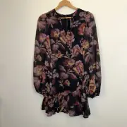 Ted Baker Womens SZ 0 Piara Ruffle Asymmetric Floral Mini Dress Black Fairy Y2K