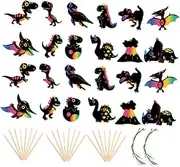 CVUTOVO 2Sets Dinosaur Scratch Paper Art Kit Scratch Off Cards with Wooden Sticks and Ribbons Creative Crafting Fun for Engaging Educational Activity for All Ages