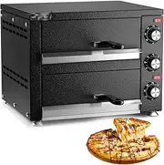 Electric Double Decker Pizza Oven, 12" Countertop Pizza Maker with Timer, Heat Resistant Wide Handle, 4 Upper and Lower Heating Tubes, Viewing Window, 2200W Toaster Oven for Hotel Restaurant
